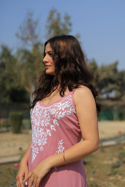 Aabdaar Long Rayon Chikankari Kurta - Pink