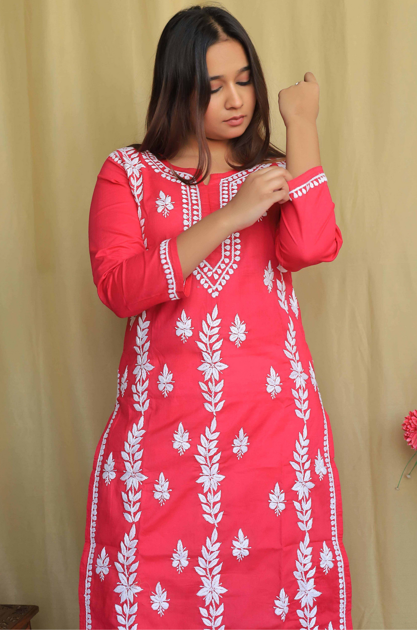 Aabdaar Cotton Chikankari Kurta - Pink
