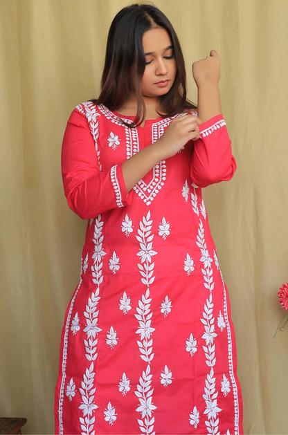 Aabdaar Cotton Chikankari Kurta - Pink