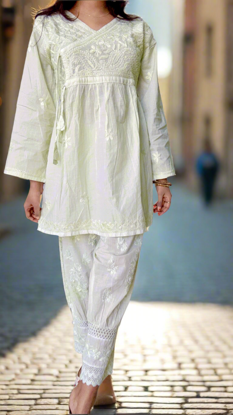 Aabdaar Cotton Chikankari Co-ord set - Pista Green