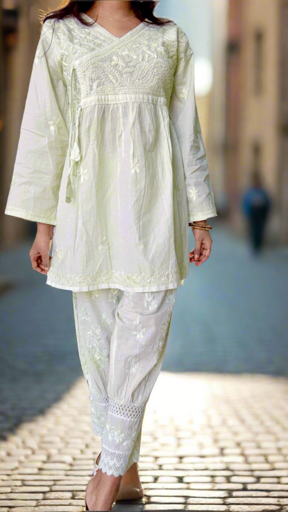 Aabdaar Cotton Chikankari Co-ord set - Pista Green