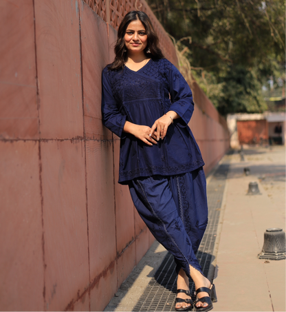 Aabdaar Cotton Chikankari Co-ord set - Navy Blue