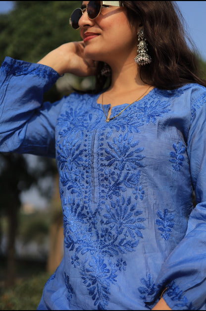 Premium Chanderi Chikankari kurta - Blue