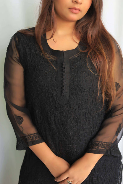 Aabdaar Georgette Chikankari Kurta - Black