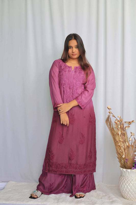 Premium Muslin Chikankari Kurta palazzo set - Wine (Dual tone)
