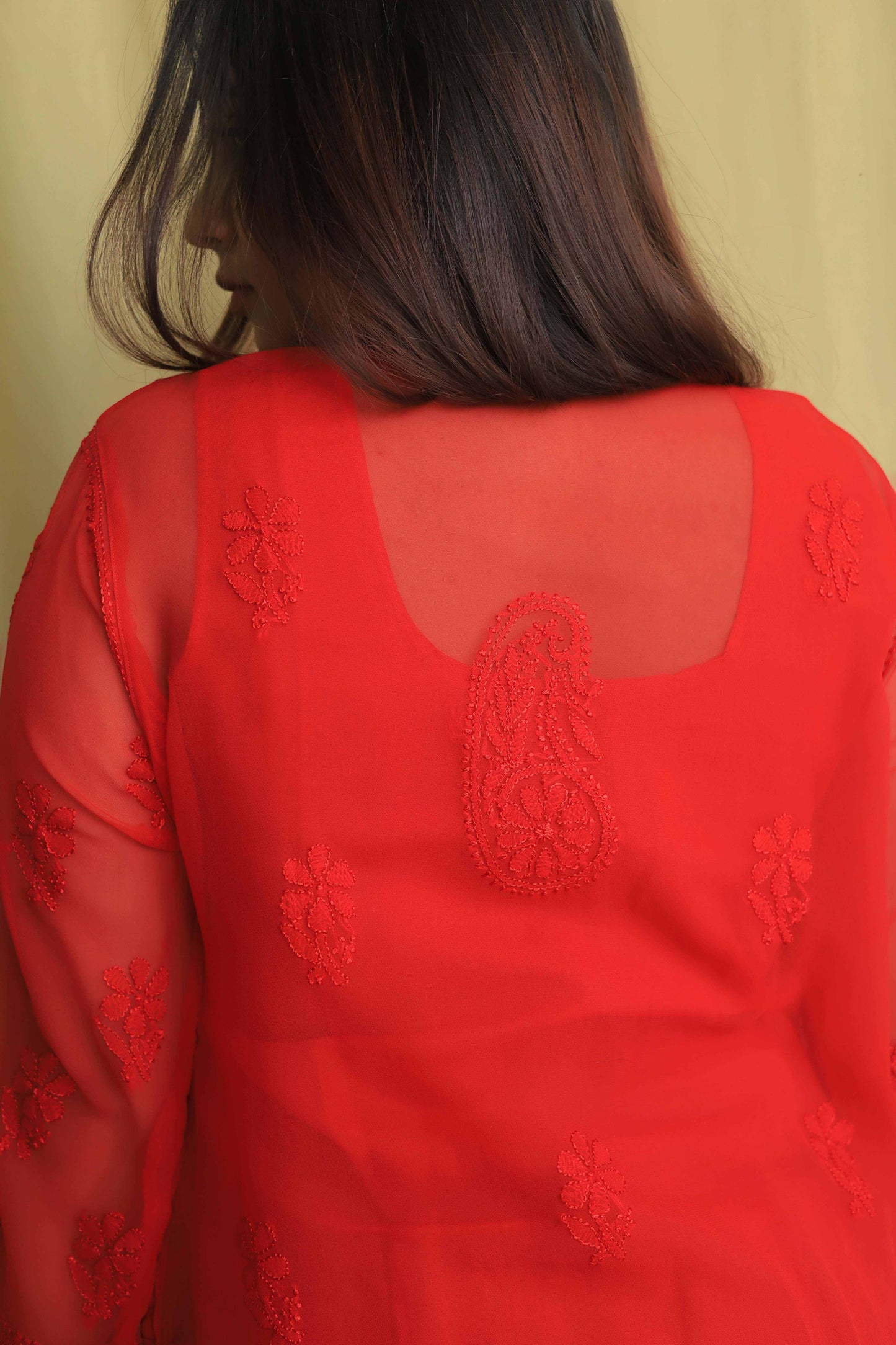 Aabdaar Georgette Chikankari Kurta - Red