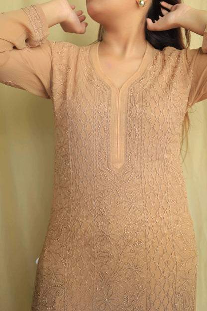 Jaal Georgette Kurtas In Fine Chikankari Work Beige Brown( Dual shade)