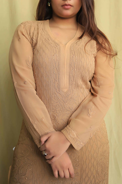 Jaal Georgette Kurtas In Fine Chikankari Work Beige Brown( Dual shade)