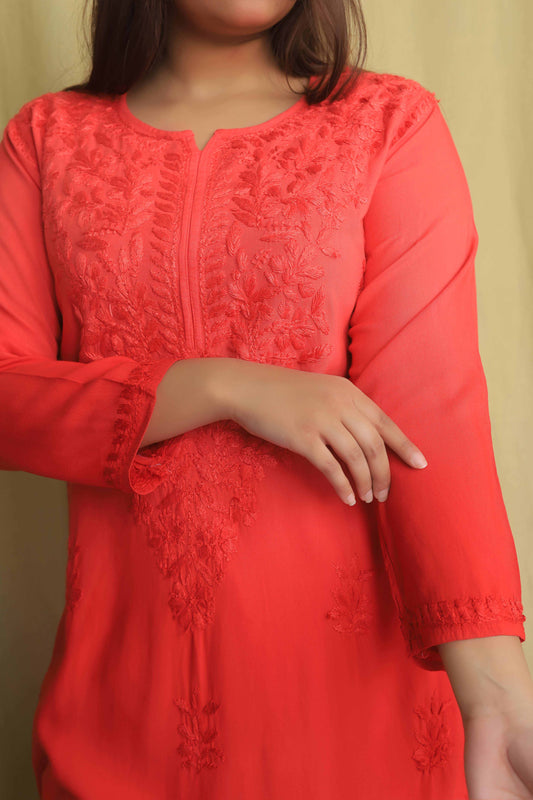 Aabdaar Rayon Chikankari Kurta - Carrot Red (Dual tone)
