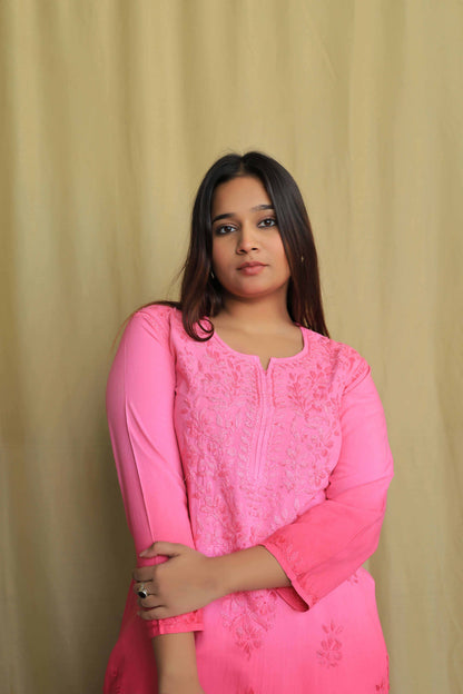 Aabdaar Rayon Chikankari Kurta - Hot Pink (Dual tone)