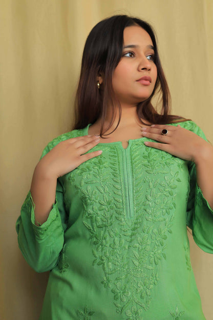 Aabdaar Rayon Chikankari kurta - Green