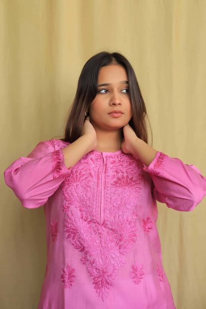 Premium Chanderi Chikankari Kurta - Pink