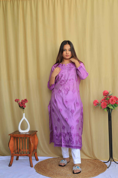Premium Chanderi Chikankari Kurta - Purple