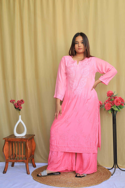 Premium Muslin Chikankari kurta palazzo set - Baby Pink ( Dual tone)