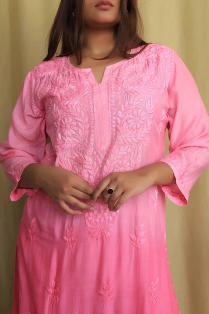 Premium Muslin Chikankari kurta palazzo set - Baby Pink ( Dual tone)