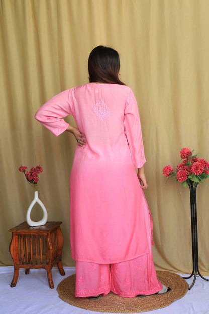 Premium Muslin Chikankari kurta palazzo set - Baby Pink ( Dual tone)