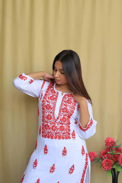 Premium Modal Chikankari Kurti - Red