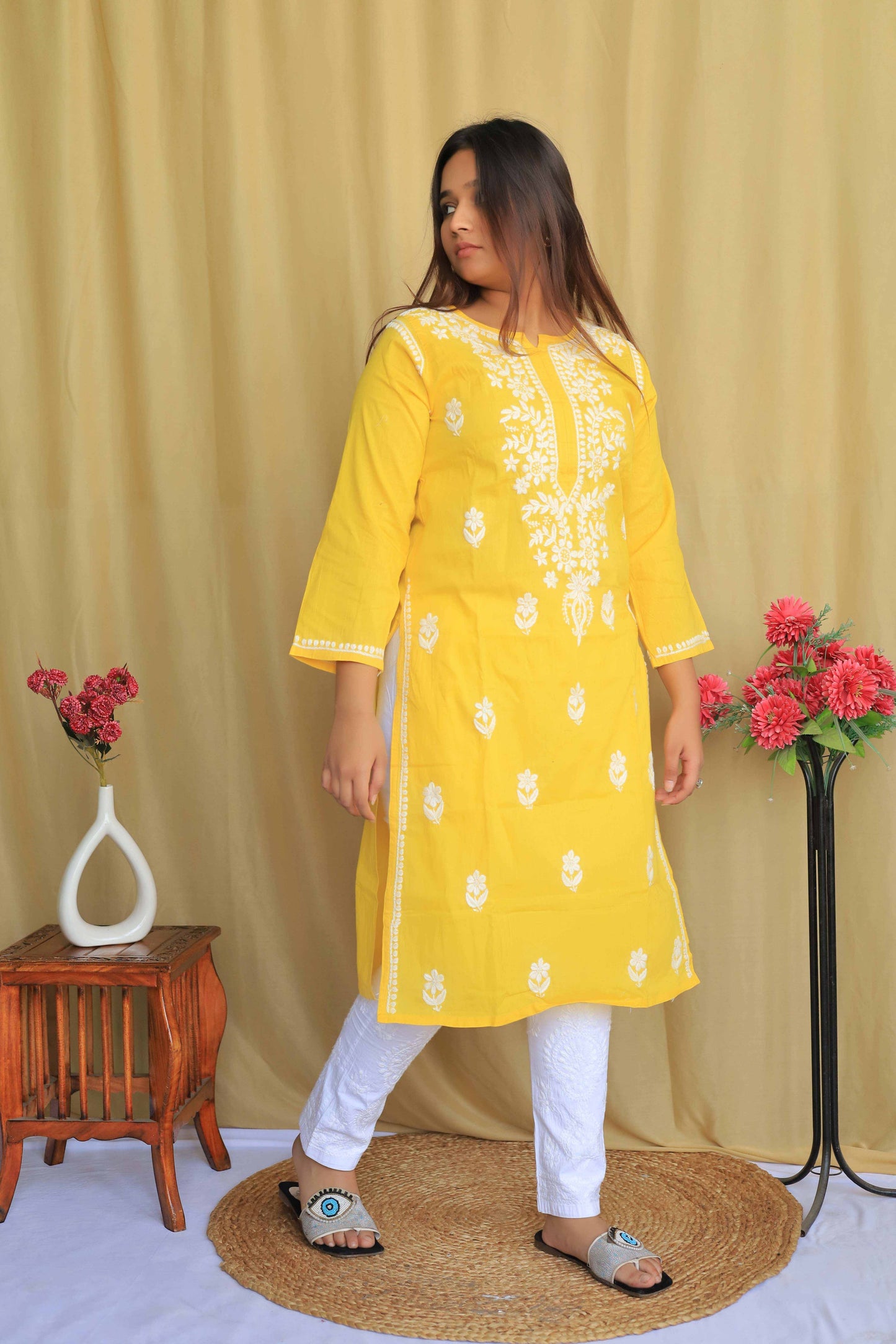 Aabdaar Cotton Chikankari Kurta - Yellow