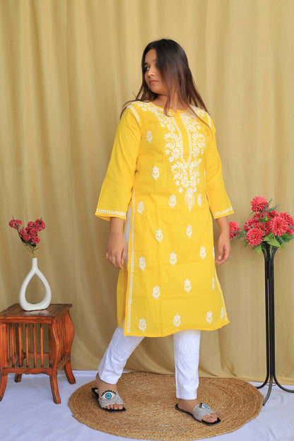 Aabdaar Cotton Chikankari Kurta - Yellow