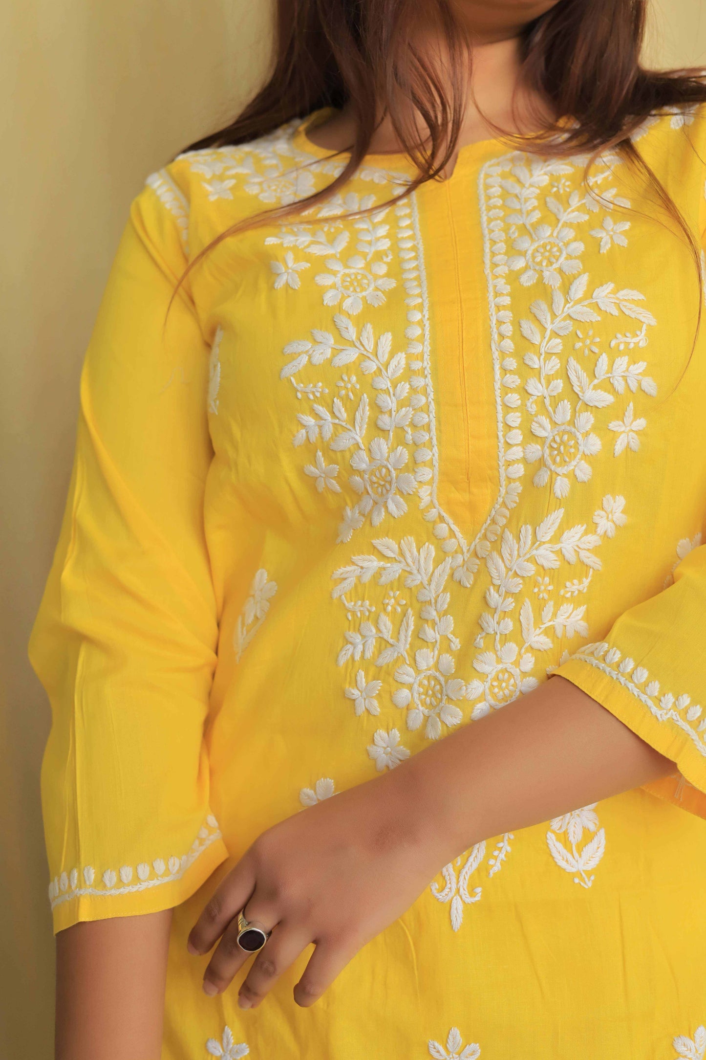 Aabdaar Cotton Chikankari Kurta - Yellow