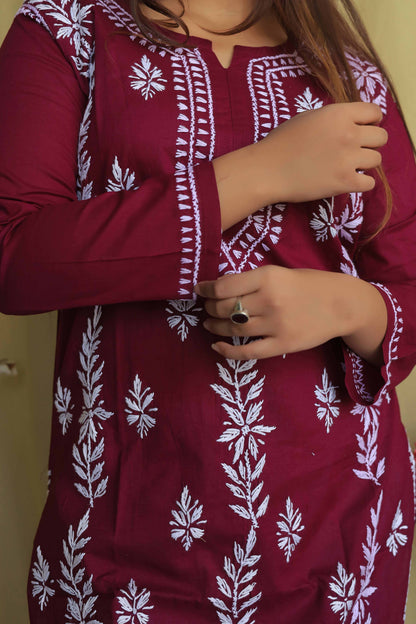Cotton Chikankari Kurta - Rose Red