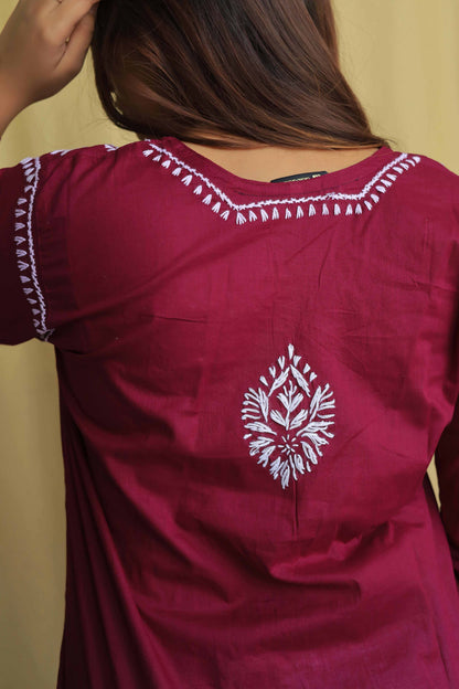 Cotton Chikankari Kurta - Rose Red