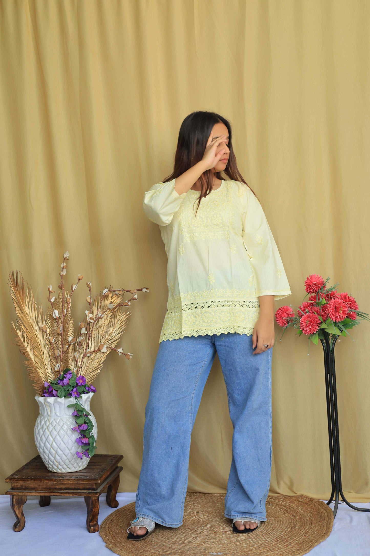 Cotton Chikankari Short kurta with lace detailing - yellow