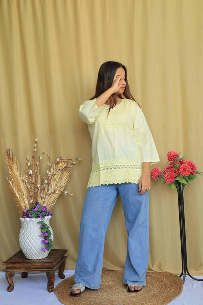 Cotton Chikankari Short kurta with lace detailing - yellow