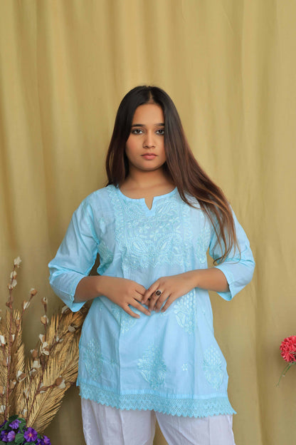 Cotton Chikankari Short kurta with lace detailing - Blue
